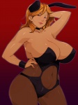 adjusting_hair big_breasts blonde_hair breasts brown_hair bunny_costume choker cleavage clothed clothing costume curvy_figure dark_body dark_skin female gradient gradient_background hair huge_breasts jewelry legwear lips midriff navel necklace overweight overweight_female overweight_humanoid pantyhose simple_background slightly_chubby slightly_chubby_female solo translucent translucent_clothing voluptuous wide_hips wristband ganto animal_humanoid humanoid lagomorph lagomorph_humanoid leporid_humanoid mammal mammal_humanoid rabbit_humanoid 3:4