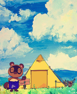 anthro apron blue_apron blue_clothing brown_body brown_fur chibi clothing detailed_background eyes_closed fur outside paws solo text eiffelart animal_crossing nintendo tom_nook_(animal_crossing) canid canine mammal raccoon_dog tanuki 2017