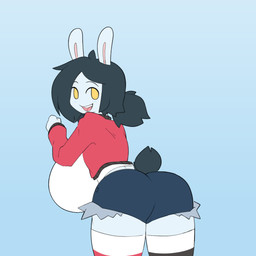 anthro big_breasts big_butt black_hair breasts butt convex_breasts female hair happy huge_breasts pigtails presenting presenting_hindquarters shaking_butt smile solo yellow_eyes razbunny claire_(razbunny) lagomorph leporid mammal rabbit 1:1 absurd_res animated animated_gif hi_res short_playtime