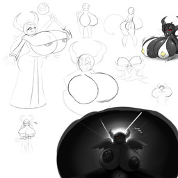 ambiguous_gender anthro big_breasts black_body black_hair black_horn black_skin bodily_fluids bra breasts cleric clothing cross duo female hair headgear horn huge_breasts hyper hyper_breasts long_hair lying macro magic_user magic_wand micro nun on_back pointed_tail red_eyes solo_focus sweat underwear wings angelthecatgirl the_binding_of_isaac_(series) eve_(angelthecatgirl) eve_(tboi) demon 1:1 2017 absurd_res hi_res sketch