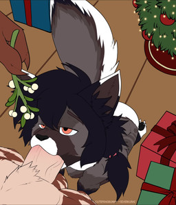anthro balls blonde_countershading brown_body brown_fur christmas_decorations christmas_lights christmas_tree countershade_torso countershading duo fellatio fucked_silly fur genitals gift grey_body grey_fur hair holidays kneeling kneeling_on_ground kneeling_oral_position looking_pleasured male male/male markings mistletoe oral oral_penetration penetration penile penis plant ponytail sex striped_body striped_fur stripes tail tongue tongue_out tongue_out_fellatio tree white_body white_countershading cutefckngbunny christmas made_in_abyss just_kat raven_sixstitch canid canine canis domestic_cat felid feline felis humanoid hybrid lagomorph leporid mammal narehate rabbit wolf animated hi_res short_playtime webm