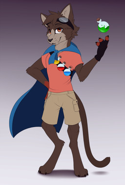 3_claws 3_toes anthro arm_markings barefoot biped black_claws black_clothing black_gloves black_handwear black_nose blue_cape blue_clothing bottomwear brown_body brown_ears brown_fur brown_hair brown_tail cape claws clothed clothed_anthro clothed_male clothing digitigrade eyes_closed eyewear eyewear_on_head feet finger_claws fingerless_gloves front_view fur gloves gloves_(marking) goggles goggles_on_head gradient_background grey_body grey_fur grey_inner_ear hair handwear looking_at_viewer male male_anthro markings multicolored_body multicolored_fur one_glove pants pink_clothing pink_shirt pink_topwear potion potion_bottle red_eyes red_markings shirt simple_background snout solo standing tail tan_bottomwear tan_clothing tan_pants toe_claws toes topwear meraence maroonkl_(maroon_kl) domestic_cat felid feline felis mammal 2023 digital_media_(artwork) hi_res