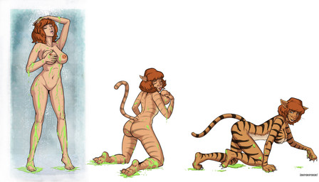 all_fours alternate_species anthro base_one_layout basic_sequence biped breast_expansion breasts brown_hair butt expansion featureless_crotch female hair hand_on_breast human_to_anthro kneeling licking linear_sequence looking_at_viewer nipples nude one_row_layout simple_background slime smile solo species_transformation standing stripes three_frame_image three_frame_sequence tongue tongue_out transformation transformation_sequence whiskers white_background okayokayokok teenage_mutant_ninja_turtles april_o'neil felid human mammal pantherine tiger 2015 7:4 hi_res sequence