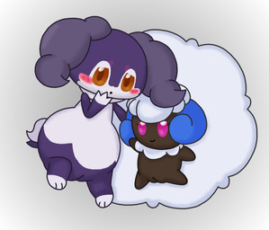 blush duo embarrassed female female/female fluffy genitals hair high-angle_view hug looking_at_viewer lying naughty_face neck_tuft on_back on_model raised_arm smile spread_legs spreading tail tuft vulva lily_of_the_valley_(artist) nintendo pokemon generation_5_pokemon generation_8_pokemon indeedee pokemon_(species) whimsicott 2022 digital_media_(artwork)