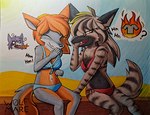 anthro beach bikini clothed clothing duo female fur grey_body grey_fur hair outside sand seaside smile stripes swimwear two-piece_swimsuit w0lfmare bloodline bloodline_(webcomic) sil_(bloodline) vivian_(bloodline) canid canine canis fox hyena mammal striped_hyena absurd_res hi_res marker_(artwork) traditional_media_(artwork)