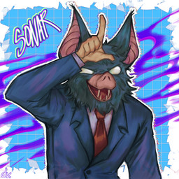 5_fingers black_body black_fur clothed clothed_male clothing fingers fur gesture hand_gesture humanoid_hands loser_gesture male necktie open_mouth red_necktie solo white_eyes darziewarzie dispatch sonar_(dispatch) bat mammal 1:1 2025 absurd_res hi_res signature
