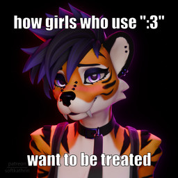 anthro blush bra choker clothing collar ear_piercing ear_ring facial_piercing facial_tuft fangs female fur furgonomics furry-specific_piercing hair jewelry leash leashed_collar looking_at_viewer makeup markings muzzle_piercing necklace nose_piercing piercing purple_eyes ring_piercing sabertooth_(anatomy) short_hair smile solo sports_bra striped_body striped_markings stripes teeth text tongue tuft underwear white_body softkathrin alberarts_(modeler) blender_cycles how_:3_be_treated kat_(softkathrin) felid hyenid_(species) mammal pantherine tiger 1:1 3d_(artwork) absurd_res blender_(artwork) digital_media_(artwork) english_text hi_res meme url watermark