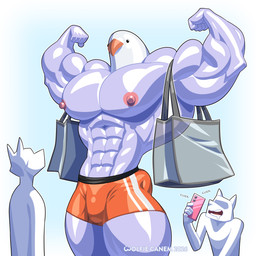 abs anthro bag biceps bodily_fluids bottomwear cellphone clothed clothing drooling electronics faceless_character faceless_male group male muscular muscular_anthro muscular_male nipples non-mammal_nipples pecs phone pink_nipples pose saliva shorts smartphone topless trio white_body wolfiecanem avian canid canine mammal 1:1 2026 absurd_res dated hi_res signature