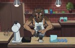 5_fingers anthro apron arm_tuft artist_name bag beverage black_claws black_nose blue_eyes bottle brewing brick_wall brown_body brown_fur canid canine carafe_(object) character_name cheek_tuft chin_tuft claws clothing coffee coffee_grinder coffee_pot coffee_shop concentrating concentration container counter cup cupboard detailed_background elbow_tuft english_text facial_tuft finger_claws fingers footprint fur head_tuft hi_res inside kitchen kitchen_scale light_fixture looking_down making_coffee male mammal mane measuring_scale muscular muscular_anthro muscular_male mythological_canine mythological_creature mythology neck_tuft pawprint pivoted_ears plant plant_pot potted_plant pouring saucer shaded skaw_(shawhowl) snaggle_teeth solo standing teeth text tongue tongue_out tuft url wall_(structure) water were werecanid werecanine werewolf zire9