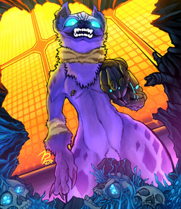 anthro areola barbell_piercing black_claws blue_eyes claws convenient_censorship cybernetics destruction evil_face evil_grin fangs fangs_bared fungus fur glowing glowing_eyes hand_on_leg hand_on_thigh logo looking_at_viewer looking_down looking_down_at_viewer machine markings metal nipple_piercing nipples piercing purple_body robotic_arm robotic_limb smile solo spots spotted_body spotted_fur spotted_legs spotted_shoulders spotted_thighs striped_body stripes synthetic tan_body teeth ventral_groove white_body white_fur xcytilinsk cytilin_(xcytilinsk) cyborg hybrid hyena mammal spotted_hyena striped_hyena 2026 digital_drawing_(artwork) digital_media_(artwork) hi_res