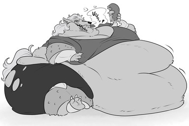 anthro belly big_belly big_butt burping butt clothing eating food huge_belly huge_butt male meat morbidly_obese morbidly_obese_male obese obese_male open_mouth overweight overweight_male sharp_teeth solo teeth torn_clothing weight_gain sharpt00th hunter_x_hunter welfin_(hunter_x_hunter) canid canine canis chimera_ant mammal wolf