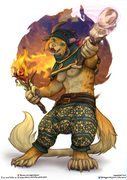 4_horns anthro areola big_bulge biped blue_eyes bottomwear breasts broken_horn brown_body brown_fur bulge claws clothing digitigrade dreadlocks fangs finger_claws fluffy fluffy_tail fur gynomorph gynomorph_anthro holding_object holding_torch holding_weapon horn intersex intersex_anthro magic_user markings multi_horn nipples orange_body orange_fur oversized_bottomwear oversized_clothing oversized_pants pants paws pink_areola pink_nipples pink_nose pupils shawl slit_pupils solo spots spotted_body spotted_fur tail tan_body tan_fur teeth text toe_claws torch weapon the_gentle_giant guild_wars charr felid mammal 2026 absurd_res digital_media_(artwork) english_text hi_res url