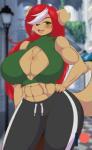 abs anthro big_breasts blush breasts brown_body brown_fur chest_tuft cleavage clothed clothing female fur green_eyes hair huge_breasts multicolored_hair muscular muscular_anthro muscular_female pecs red_hair solo thick_thighs tuft two_tone_hair white_hair wide_hips mastergodai rascals revy_(mastergodai) canid canine canis domestic_dog mammal hi_res