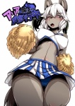 anthro blush bottomwear breasts brown_body brown_fur buried_frog canid canine canis cheerleader clothed clothing female fur hair japanese_text kemono long_hair mammal panties skirt solo text translated underwear upskirt white_hair wolf