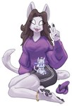 anthro black_bottomwear black_clothing black_pawpads blep blue_eyes bottomwear brown_hair clothed clothing duo empty_eyes female front_view fur hair hat headgear headwear jacket male pawpads purple_clothing purple_topwear tongue tongue_out topwear white_body white_clothing white_eyes white_fur white_hat white_headwear white_jacket white_topwear rz54 canid canine mammal absurd_res hi_res