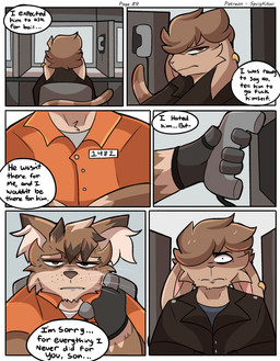 angry anthro brown_body brown_fur brown_hair clothing dialogue duo ear_piercing ear_ring electronics fur gloves hair handwear inner_ear_fluff male orange_clothing orange_eyes orange_shirt orange_topwear phone piercing prison prisoner profanity ring_piercing shirt shocked text topwear tuft whiskers spicykiwi alex_(spicykiwi) daryl_(spicykiwi) domestic_cat felid feline felis hybrid lagomorph leporid lynx mammal rabbit absurd_res comic english_text hi_res story