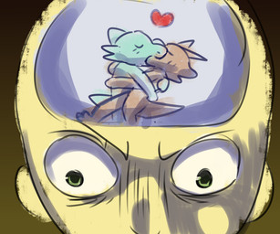 2_horns anthro eyes_closed gradient_background green_eyes group heart_symbol holding_another horn kissing making_out male male/male simple_background standing thought thoughts trio wickflix inside_you_there_are_two_wolves human kobold mammal scalie 2023 6:5 meme