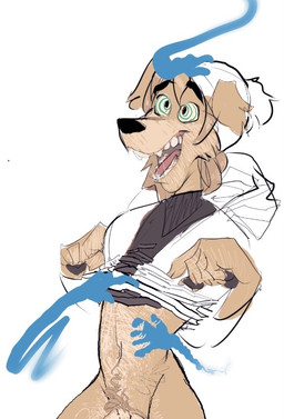 anthro barely_visible_genitalia beanie belly_rub bottomless breath claws clothed clothing disembodied_hand fur genitals ghost_hand hat headgear headpat headwear hoodie hoodie_only male navel open_mouth open_smile panting paws petting pubes simple_background smile solo spiral spiral_eyes spread_legs spreading teeth tongue tongue_out topwear topwear_only yellow_body yellow_fur anonymous_artist bird_dog canid canine canis domestic_dog golden_retriever hunting_dog mammal retriever