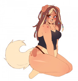anthro belly black_clothing black_shirt black_topwear blonde_hair blush brown_hair brown_markings clothed clothing dreadlocks ear_piercing eyelashes facial_piercing female floppy_ears fur hair kneeling knock-kneed markings multicolored_hair nose_piercing open_mouth open_smile orange_body orange_fur pantsless piercing shirt simple_background slightly_chubby smile solo tan_body tan_fur teeth topwear two_tone_hair white_background pomfishee canid canine canis domestic_dog mammal colored colored_sketch digital_drawing_(artwork) digital_media_(artwork) flat_colors hi_res sketch