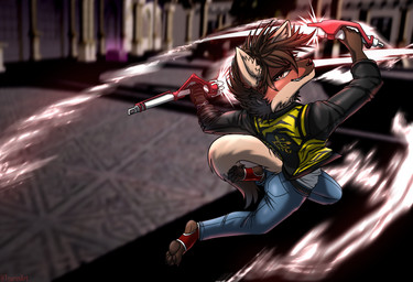 anthro attack cosplay detailed_background dual_wielding holding_object holding_weapon jumping lightsaber looking_at_viewer male melee_weapon red_lightsaber smile smiling_at_viewer solo weapon tsarinart no_more_heroes star_wars marrok_(silentmike16) canid canine mammal maned_wolf hi_res