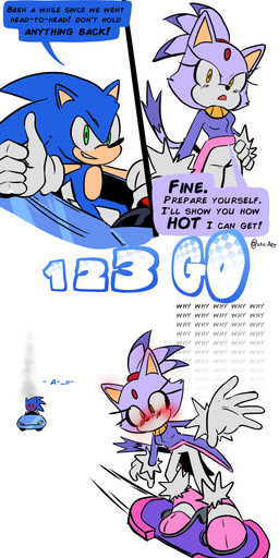 anthro blush blushing_profusely car duo female flirting gesture hair hand_gesture hand_on_hip hero humor innuendo male male/female ponytail princess royalty speech_bubble text thumbs_up vehicle xao_art sega sonic_racing:_crossworlds sonic_the_hedgehog_(series) blaze_the_cat sonic_the_hedgehog domestic_cat eulipotyphlan felid feline felis hedgehog mammal absurd_res english_text hi_res