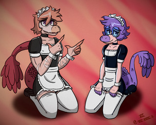 anthro choker clothing cosplay costume cuffs_(clothing) duo eyewear feathers footwear glasses hair jewelry kneeling legwear maid_apron maid_headdress maid_uniform male male/male markings necklace pattern_background pink_body pink_hair purple_eyes purple_hair raised_tail round_glasses shoes simple_background stockings tail thigh_highs uniform seven_(artist) goodbye_volcano_high ko_op_(game_developer) reed_(gvh) sage_(gvh) dinosaur dromaeosaurid feathered_dinosaur feathered_scalie microraptor prehistoric_species reptile saurischian scalie theropod velociraptor 5:4 colored trans_(lore) trans_man_(lore)