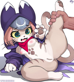 :3 anthro arm_support breasts brown_nose butt cloak clothing cute_fangs dipstick_tail disembodied_hand duo eyelashes fangs female footprint furgonomics genitals green_eyes hair happy hood kerchief leg_grab leg_markings lying markings mostly_nude navel neckerchief neckwear nipples on_side open_mouth pawpads pawprint pawprint_(marking) pink_hair purple_cloak purple_clothing red_kerchief red_neckerchief simple_background small_breasts socks_(marking) solo_focus spread_legs spreading tail tail_markings teeth text thick_thighs tongue vulva whiskers white_background yellow_sclera krokobyaka capcom monster_hunter monster_hunter_stories_2:_wings_of_ruin tsukino_(monster_hunter_stories) felid felyne human lynian mammal palico 2025 digital_media_(artwork) hi_res url