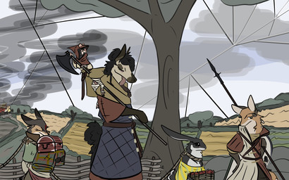 ambiguous_gender anthro armor axe blood bodily_fluids bound clothing female fire group melee_weapon polearm smoke spear weapon omnipresentcrayon canid canine equid equine fox horse lagomorph leporid mammal mustelid musteline rabbit stoat true_musteline weasel 16:10 hi_res widescreen