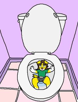 3_fingers anthro blep blue_eyes brown_hair clothed clothing female fingers floor flush flush_vore flushing_toilet fur hair looking_at_viewer micro smile solo tail tile tile_floor toilet tongue tongue_out water whisker_spots white_body white_fur yellow_body yellow_fur flushmutt canid canine mammal animated hi_res trans_(lore) trans_woman_(lore)