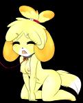 anthro biped blonde_hair blush bodily_fluids breasts collar collar_only eyes_closed featureless_crotch female hair kneeling leaning leaning_forward leash medium_breasts navel nipples nude open_mouth short_hair simple_background solo tears teeth transparent_background zyira animal_crossing nintendo isabelle_(animal_crossing) canid canine canis domestic_dog mammal shih_tzu toy_dog alpha_channel digital_media_(artwork) full-length_portrait portrait