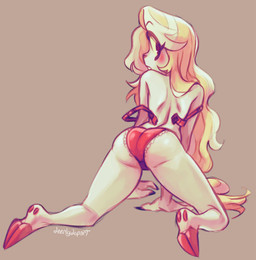 blush bra butt butt_focus clothed clothing dewclaw dewclaw_hooves embarrassed female gusset hooves kneeling looking_at_viewer panties solo underwear underwear_only undone_bra deerlydepart hazbin_hotel hellaverse charlie_morningstar demon humanoid 2026 hi_res signature