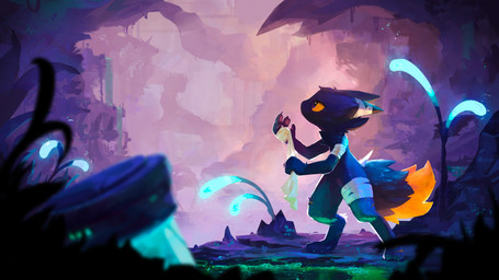 3_toes 4_fingers ambiguous_anthro ambiguous_gender anthro bandage bandaged_arm bandaged_ear bandaged_leg bioluminescence biped black_body black_fur blue_lighting cavern chest_tuft claws container detailed_background digitigrade dipstick_tail featureless_crotch feet finger_claws fingers fluffy fluffy_tail foot_wound fur glistening glistening_eyes glowing glowing_plants green_lighting green_water looking_aside markings nude_ambiguous nude_anthro orange_body orange_fur orange_tail_tip pawpads pupils scenery_porn short_snout side_view slim_ambiguous slim_anthro slit_pupils soft_focus solo standing tail tail_markings thigh_wound toes tuft underground underground_ecosystem water waterfall miimows_(artist) casualties:_unknown expie_(gunsawian) gunsawian 2026 absurd_res digital_media_(artwork) digital_painting_(artwork) english_description full-length_portrait hi_res official_art painting_(artwork) portrait wallpaper