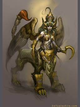 4_ears 4_legs anthro armlet armor boots bottomwear bracelet breast_armor breasts chain chain_jewelry clawed_boots clawed_gauntlets clothed clothing egyptian egyptian_clothing egyptian_headdress feathered_wings feathers female footwear furred_ears gold_(metal) gold_armband gold_armor gold_armwear gold_chain gold_chain_jewelry headdress headgear holding_melee_weapon holding_object holding_weapon humanoid_upper_body jewelry loincloth looking_at_viewer melee_weapon multi_ear navel nipple_covers pale_skin polearm sandals scythe segmented_armor shoes skimpy solo spread_wings steam stinger stinger_tail tail tapestry text unconvincing_armor weapon wings kelly_aleshire egyptian_mythology middle_eastern_mythology mythology felid hybrid mammal mythological_creature mythological_sphinx taur 2011 artist_name