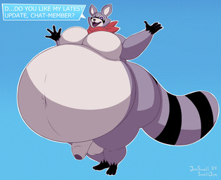 ball belly big_belly big_tail blue_background blue_border bodily_fluids border dialogue genitals huge_belly huge_tail inflation kerchief male neckerchief neckwear obese overweight pattern_background penis purple_penis simple_background speech_bubble sweat tail text jonswell indigo_park rambley_raccoon mammal procyonid raccoon 2024 artist_name dated hi_res