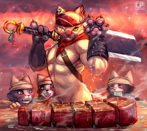 anthro blush bodily_fluids buster_sword claws food green_eyes group looking_at_viewer male melee_weapon muscular muscular_male nude one_eye_closed pawpads salt solo_focus sweat sword weapon wink cheetahpaws capcom monster_hunter salt_bae meowscular_chef felid felyne lynian mammal palico 2018 meme