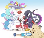 ambiguous_gender blush bodily_fluids female feral group male simple_background sweat winte nintendo pokemon bat canid canine generation_7_pokemon human legendary_pokemon lunala lurantis lycanroc mammal marine midnight_lycanroc palossand pinniped pokemon_(species) primarina salazzle scalie hi_res