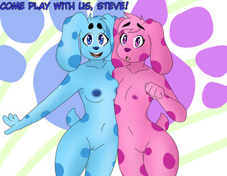 anthro anthrofied blue_body blue_eyes blue_nipples blue_nose blue_text breasts crossgender duo female flat_chested footprint genitals inverted_nipples looking_at_viewer mtf_crossgender nipples nude open_mouth pattern_background pawprint pawprint_background pink_body pink_nipples pink_nose simple_background small_breasts smile talking_to_viewer text vulva wide_hips mcfly0crash blue's_clues nickelodeon blue_(blue's_clues) magenta_(blue's_clues) canid canine mammal 2018 digital_media_(artwork) english_text hi_res