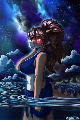 anthro big_breasts blue_bottomwear blue_bra blue_clothing blue_underwear blush bottomwear bra breasts brown_hair clothed clothed_anthro clothed_female clothing cloud detailed_background digit_ring female fingers glowing glowing_eyes hair head_turned humanoid_hands jewelry long_hair looking_at_viewer navel night non-mammal_breasts non-mammal_navel orange_body outside partially_submerged red_eyes ring side_view sky smile solo spiked_tail spikes spikes_(anatomy) star starry_sky tail tan_body text underwear water wedding_ring bigboitony goodbye_volcano_high ko_op_(game_developer) rosa_(gvh) aquilops ceratopsian dinosaur marginocephalian ornithischian prehistoric_species reptile scalie 2:3 absurd_res artist_name colored hi_res shaded