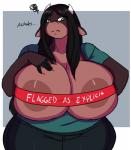 anthro big_breasts blush bottomwear breasts clothing female hair huge_breasts nipples pants profanity shirt solo text topwear jwinkz summer_(jwinkz) bovid bovine cattle mammal 2018 absurd_res english_text hi_res