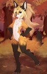 ambiguous_gender anthro black_nose blonde_hair brown_body brown_fur detailed_background ear_tuft falling_leaves featureless_crotch flat_chested fur gloves_(marking) grass hair inner_ear_fluff leg_markings looking_at_viewer markings navel nude orange_body orange_fur outdoor_nudity outside plant smile socks_(marking) solo tree tuft white_body white_fur spraykitty nirai canid canine fox mammal 2023 artist_name digital_media_(artwork) hi_res male_(lore)