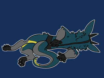 anthro claws digitigrade fluffy fur green_body green_fur grey_body grey_fur lying male pawpads paws solo tail tapering_tail thick_tail yellow_body yellow_fur rtf-m family_guy_death_pose brom_(sahurus) mantled_beast 4:3 alpha_channel hi_res meme