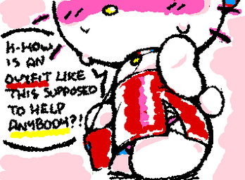 ambiguous_anthro ambiguous_gender anthro biped black_text blush blush_lines bodily_fluids choker clothed clothed_ambiguous clothed_anthro clothing dialogue dress featureless_hands handbag interrobang jewelry mouthless necklace panties pink_blush pink_clothing pink_panties pink_underwear purse red_choker red_clothing red_dress red_jewelry red_necklace short_tail side_slit_dress solo speech_bubble squigglevision standing stuttering sweat sweatdrop tail text thick_thighs underwear whiskers white_body white_tail wide_hips yellow_nose ligma_(artist) hello_kitty_(series) sanrio hello_kitty_(character) domestic_cat felid feline felis mammal 2025 animated digital_media_(artwork) english_text flat_colors handwritten_text low_res wigglypaint_(artwork) female_(lore)