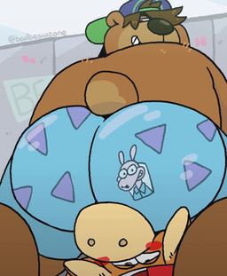 anthro backwards_baseball_cap backwards_hat baseball_cap big_butt blue_boxers blue_clothing blue_underwear blush boxers_(clothing) brown_body brown_fur bubble_butt butt butt_smother clothing duo facesitting fur hair hair_over_eye hat headgear headwear looking_back looking_pleasured male male/male short_tail sitting_on_another smothering tail underwear paddlebear nickelodeon rocko's_modern_life bradley_(dempsey) dempsey asinus bear donkey equid equine mammal 2d_animation animated frame_by_frame hi_res no_sound short_playtime