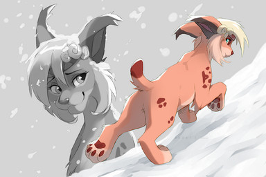 bangs blonde_hair blue_eyes brown_markings brown_nose brown_pawpads cheek_tuft dipstick_tail facial_tuft female feral feral_with_hair fur hair looking_back markings nude orange_body orange_fur pawpads rear_view short_tail snow snowing solo tail tail_markings tan_body tan_fur tuft walking azzai felid feline lynx mammal 2022 3:2 colored colored_sketch digital_drawing_(artwork) digital_media_(artwork) shaded sketch