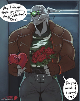 black_bottomwear black_clothing black_pants blush bottomwear bouquet box brown_clothing brown_gloves brown_handwear brown_jacket brown_topwear camo camo_clothing camo_print camo_topwear clothed clothing container dialogue fingerless_gloves flower gloves grey_body handwear heart_box holding_bouquet holding_box holding_container holding_flower holding_object holidays jacket looking_away machine male muscular muscular_male not_furry pants patreon_logo pattern_clothing pattern_topwear plant red_flower solo speech_bubble text topwear vhkansfweer appleseed patreon valentine's_day briareos humanoid robot robot_humanoid absurd_res english_text hi_res