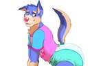 anthro biped blue_clothing blue_shirt blue_topwear brown_body brown_eyebrows brown_fur clean_diaper clothed clothing diaper eyebrows fur male multicolored_body multicolored_fur open_mouth open_smile pink_clothing pink_nose pink_shirt pink_topwear purple_body purple_fur raised_tail shirt side_view simple_background smile solo tail teeth topwear two_tone_body two_tone_fur two_tone_tail wearing_diaper white_background daire301 daire_(dog) canid canine canis domestic_dog mammal 2022 digital_media_(artwork) hi_res