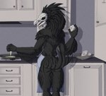 2024 5_fingers accipitriform anthro apron artist_name avian biped bird black_body black_eyes black_feathers black_sclera bodily_fluids bone claws clothing colored cooking egg english_text feathered_diva feathers female fingers genital_fluids hi_res inside kitchen looking_at_viewer mostly_nude open_mouth oviposition_cooking skull skull_head solo standing tail tail_feathers text using_your_eggs vaginal_fluids vulture wicket_(dornhal)