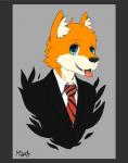 anthro blue_eyes clothing fur grey_background male necktie orange_body orange_fur simple_background smile solo suit tongue tongue_out young nello_the_tiger canid canine fox mammal 2016 half-length_portrait hi_res portrait signature