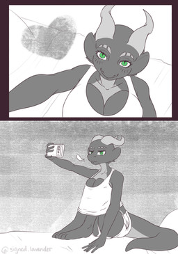 anthro bed bottomwear breath clothing electronics female furniture holding_object holding_phone horn multicolored_body on_bed phone pillow shirt shorts simple_background sitting sitting_on_bed smile solo tail taking_picture taking_selfie tank_top topwear two_tone_body signed.lavender knee_boobs tori_(lcut) kobold scalie hi_res