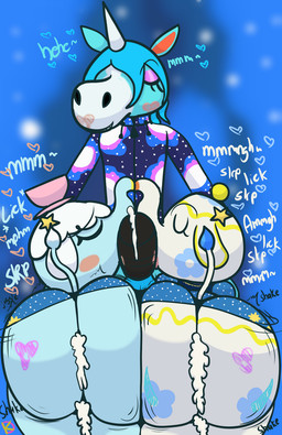 animal_genitalia animal_penis big_butt blue_body blue_skin bodily_fluids butt clothed clothed_sex clothing cum cum_inside equine_genitalia equine_penis eyelashes eyes_closed eyeshadow female genital_fluids genitals group happy happy_sex heart_after_text heart_symbol hearts_around_head horn kiss_mark leaking_anus leaking_cum leaking_penis leaking_vagina lipstick makeup male male/female mirrored_pose onomatopoeia penis raised_tail sex shaking_butt sound_effects tail teapot text trio unicorn_horn white_body klutzatdusk animal_crossing nintendo chai_(animal_crossing) julian_(animal_crossing) tia_(animal_crossing) elephant elephantid equid equine horse mammal proboscidean hi_res